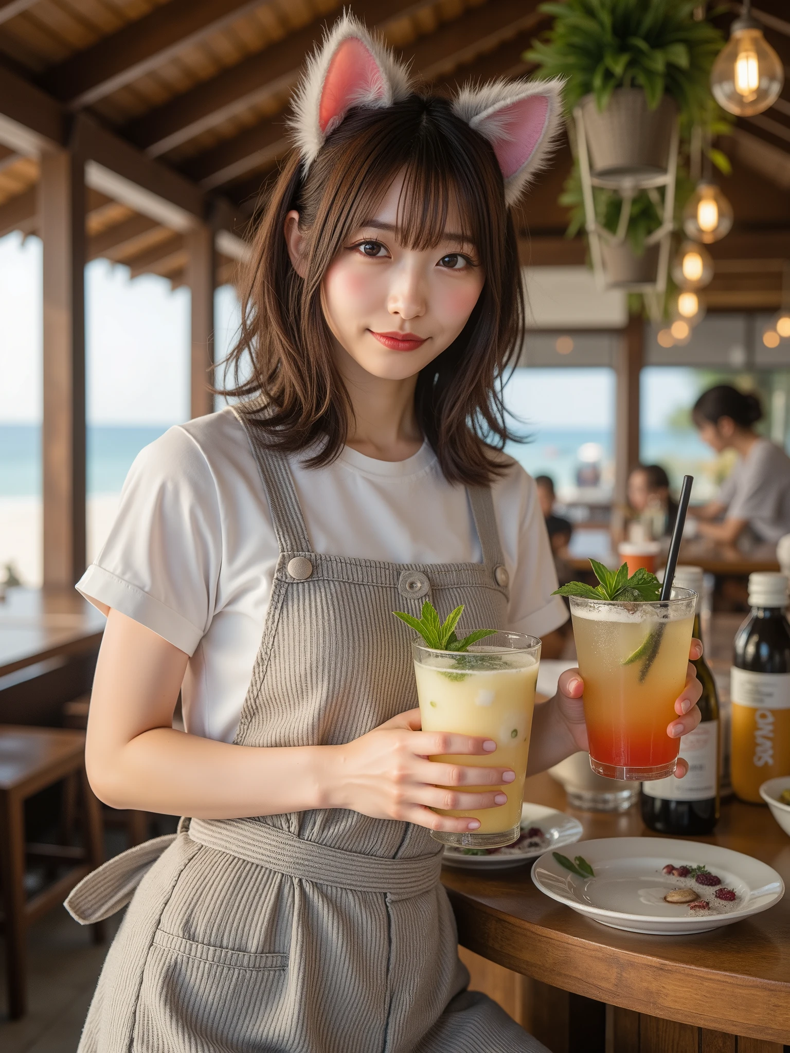 (RAW Photos), (Realistic), (masterpiece), (Highest quality), High resolution, 8K,(Volumetric Light),  woman, Age 25, Short Ponytail, Straight hair, Layered Hair, Brown Hair, Very beautiful eyes, Source order, Very thin eyebrows, Very fine skin, Very beautiful mouth, Very nice nose, Cute like an idol,A smile showing white teeth, (Thick lips), (Looking at the audience), (Printed T-shirt),(Cotton shorts),( Sitting on a chair in an outdoor cafe drinking juice),(From the whole body to the toes:1.3),(Side Shot),(Cowboy Shot),(自然Pause),Pause),Put your right hand on your knee,(drink juice with left hand),(Side view:1.3),(Low Angle)