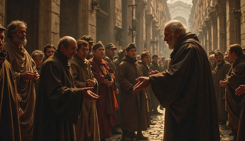 in the city, in a square, some beggars, asking for alms, cinematic, realistic, 4k