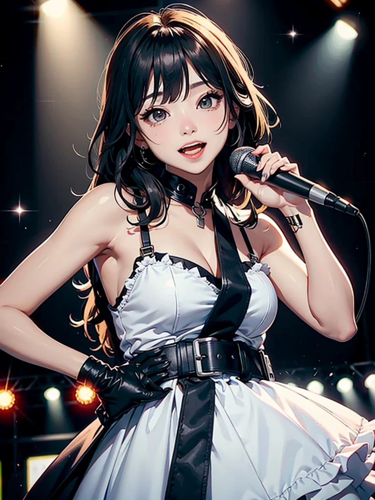 masterpiece, best quality, highly detailed, high resolution, expensive resolution, high resolution, 4K, 8k, Unity 8k wallpaper, highly detailed CG, masterpiece, 2D, 3D, beautiful details, depth, fine texture, best quality: 1.3, perfect focus, crisp skin, him, very cute, 20s girl, idol, holding a microphone and singing, short twin tails, mole under eye, looking at the viewer, expensive, blush, mole, open lips, heart shaped choker, pink eyes