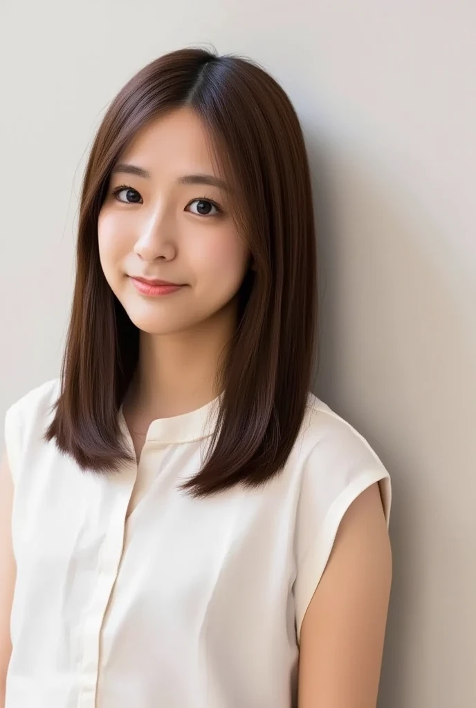 ((gaze, viewer)).((contented expression)),live action, normal, cute young girl, ((dark brown medium hair)),((off-the-shoulder outfit)), beautifully reflective eyes, beautifully detailed lips, very delicate eyes and face, long eyelashes, sensual expression, (8K HDR masterpiece), super detailed texture, Nogizaka face variation, professional photo, faint smile, {(top view)| no cartoon}. simple background, focus on face, close-up, smile, detailed expression