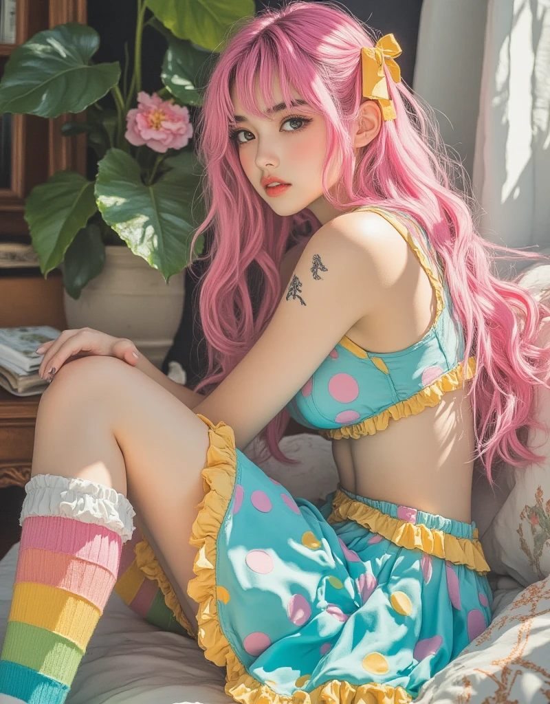 masterpiece、top-quality、Professional filming、1 girl, high-class sense、Girl in candy print underwear、colourful hair、Perfect Style、18year old、andy toys and colorful jewelry are also here and there、Katyusha like twisted candy、Earrings with cream charm、Cute and exclusive high heels、Cute Pose、sexy, ultra realistic
