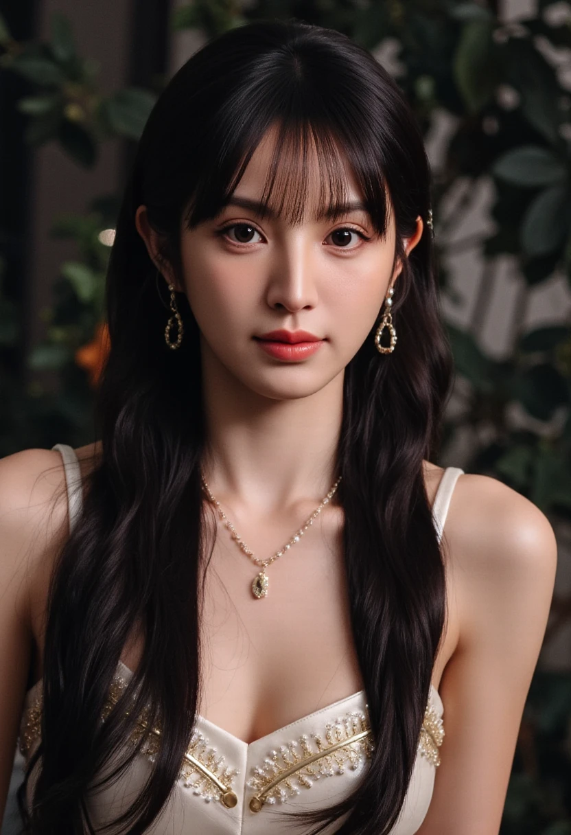 masterpiece, highres, best quality, highly detailed, wallpaper, painterly, brush strokes, pointy ears, yellow eyes, slit pupils, beautiful woman, large breasts, red dress