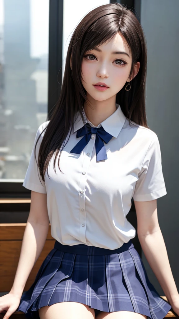 (table top, highest quality:1.2), 8K, 18-year-old, 85mm, official art, Raw photo, absurd, white dress shirt, cute face, close, Upper body, violaces, gardenia, beautiful girl, oversized school sweater, (navy pleated skirt:1.1), Cinch West, thighs thighs thighs, short sleeve, on the train, sit on a bench seat, looking at the viewer, no makeup, (smile:0.4), film grain, chromatic aberration, sharp focus, face light, clear lighting, teen, detailed face, background bokeh, (dark red tie:1.1)、Huge 
