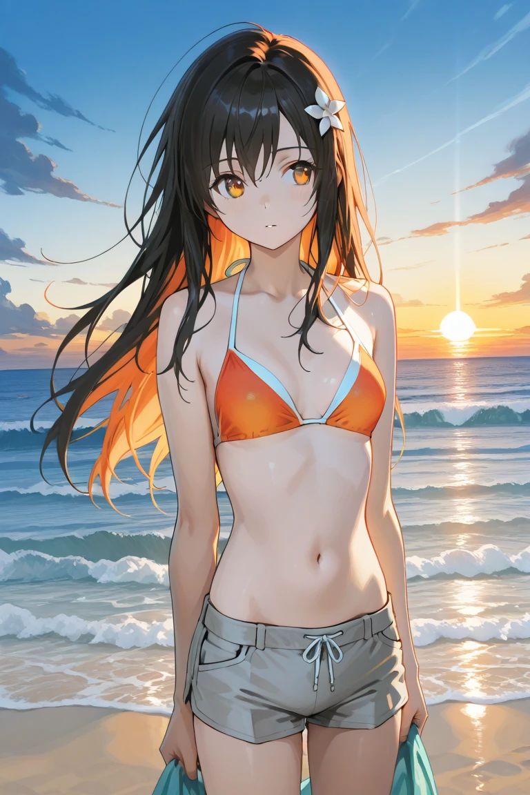 ((((Obra maestra, La mejor calidad, ultrahigh resolution)))), 1girl, standing, ((wearing a yellow bikini, yellow bikini skirt)), (long black hair in view, long hair:0.9, in frame), pale skin, ((brown eyes)), (glowing_eyes, luminescent eyes), (ultra detailed eyes:0.7, beautiful and detailed face, detailed eyes:0.9), ((centered)), smile, ((wide shot)), facing viewer, (((vibrant background of outside, waves, bright lighting, summer, sunlight))), flat chested, looking at viewer, ((perfect hands)), ((head:1, hips, elbows, arms, in view)), ((hands behind back)), beautiful lighting, defined subject, (18 years old), ((cool looking)), ((sun glare))