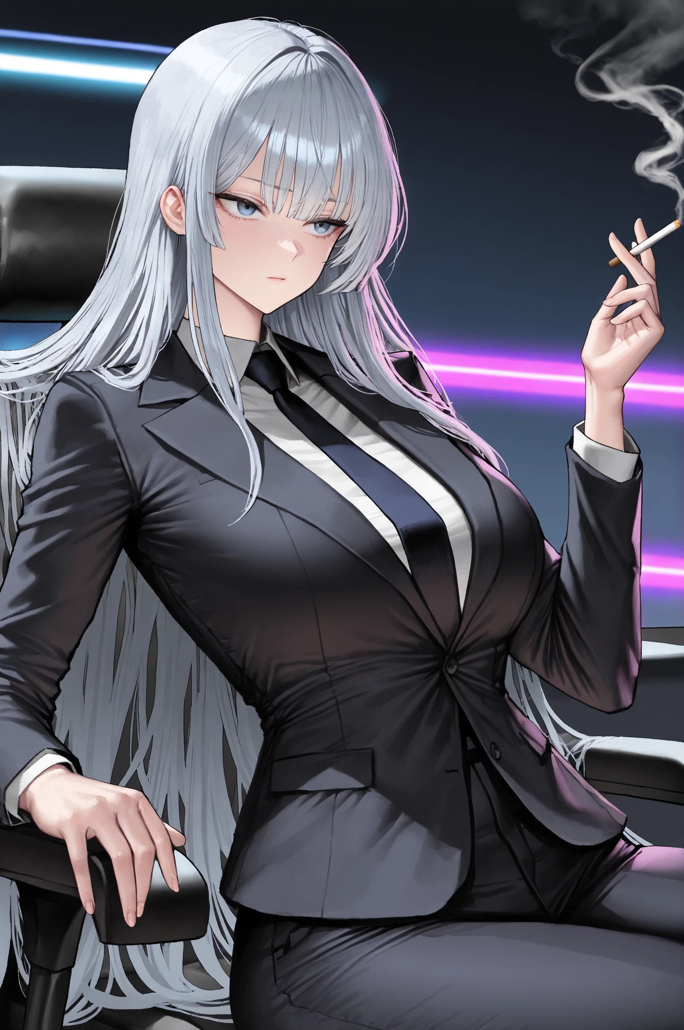 (Top resolution、Distinct_image)top-quality、(A woman) 、​masterpiece、highly detailed, half body, Semi-realistic、 ( purple eyes ) 、25year old,
 ( silver hair ) ,young 、Exquisite facial features、Facial features ,variation potrait, long  hair  , teenage, cool , cold sharp eyes, , {Very detailed 8k CG unit wallpaper}, students,  black office uniform, office girl, plump body, big breasts 