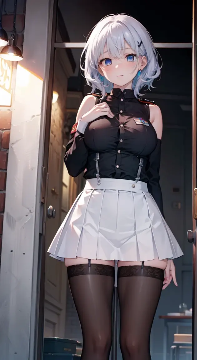 (Best quality at best, 4K, 8K, A high resolution, masterpiece:1.2), ultra - detailed, Nice face, detailedfacialfeatures, Breast size is medium, Realistic skin, wears uniform, underbust singe, sleeveless top, modest top, (A high resolution: 1.1), (actual: 0.9), (Vibrant colors), (youthful), (dynamics), (beautiful  detailed face), (detailedfacialfeatures), (Breast size is medium), (one bar prison), one bar prison goes up under skirt, thigh highs, one bar prison between thighs, thigh gap, in front of classroom, in front of black board, thick one bar prison