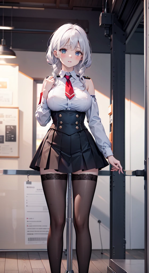 (Best quality at best, 4K, 8K, A high resolution, masterpiece:1.2), ultra - detailed, Nice face, detailedfacialfeatures, Breast size is medium, Realistic skin, wears uniform, underbust singe, sleeveless top, covers cleavage, (A high resolution: 1.1), (actual: 0.9), (Vibrant colors), (youthful), (dynamics), (beautiful detailed face), (detailedfacialfeatures), (Breast size is medium), (one bar prison), one bar prison goes up under skirt, thigh highs, one bar prison between thighs, thigh gap, in front of classroom, in front of black board, thick one bar prison
