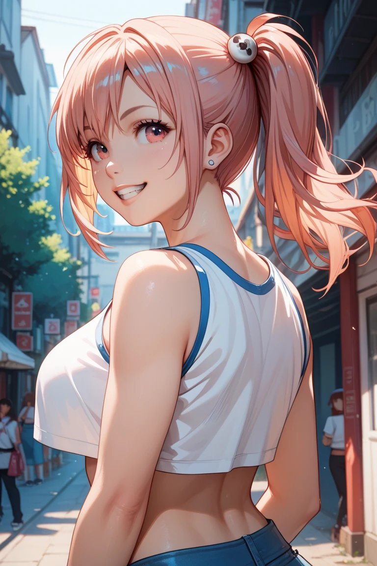 (high resolution, upper body, soft skin:1.2),(best illustration,masterpiece:1.2),ultra-detailed,[(cat ears ,pink inside:1.2),vivid colors,sharp focus,portrait,studio lighting,bokeh, wearing a tennis uniform, tennis courts background, dusk, full body portrait, back turned, smiling