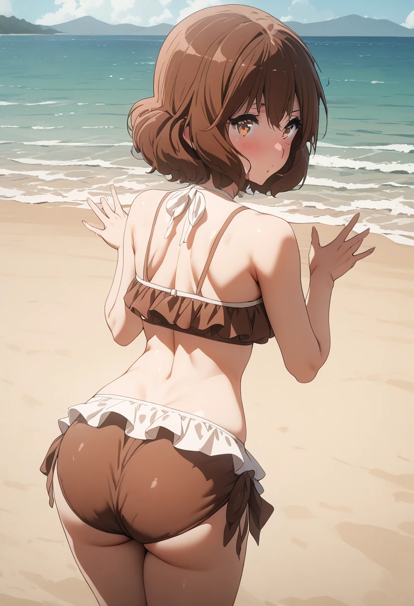 ((photorealistic background:1.5)),((Gravure idol pose:1.5)), (Small breasts:1.1), At the Beach, Palm tree, cute, Little, Kindergarteners, 5 heads, , (masterpiece, highest quality, 4K:1.2), ((One girl;1.3)), ((alone:1.0)), Beauty, cute, ((Sexy white underwear:1.3)), ((Thin panties:1.3)) , Back view,turn around