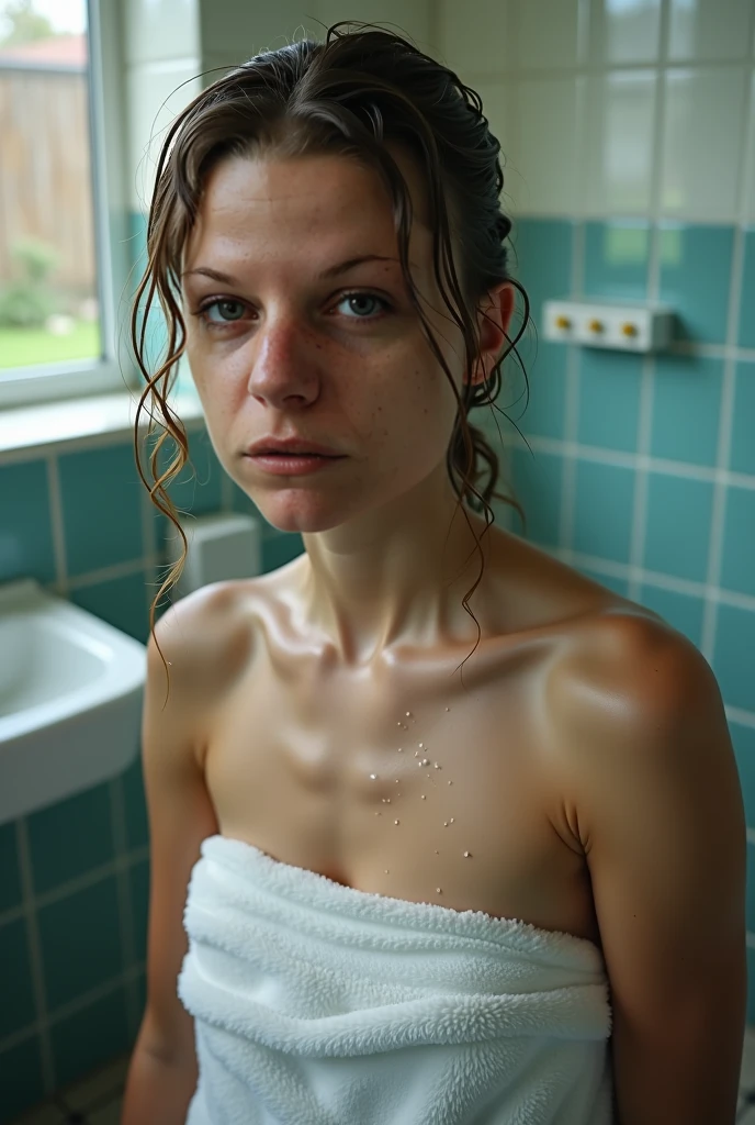 A look at the camera, russian woman, brown eyes , ponytail, (freckles:0.5), (moles:0.5), smal tits,  clean face, no makeup, natura, portrait, 50 mm, Full Frame,  bokeh,  bathhouse, Sweaty, 4k resolution