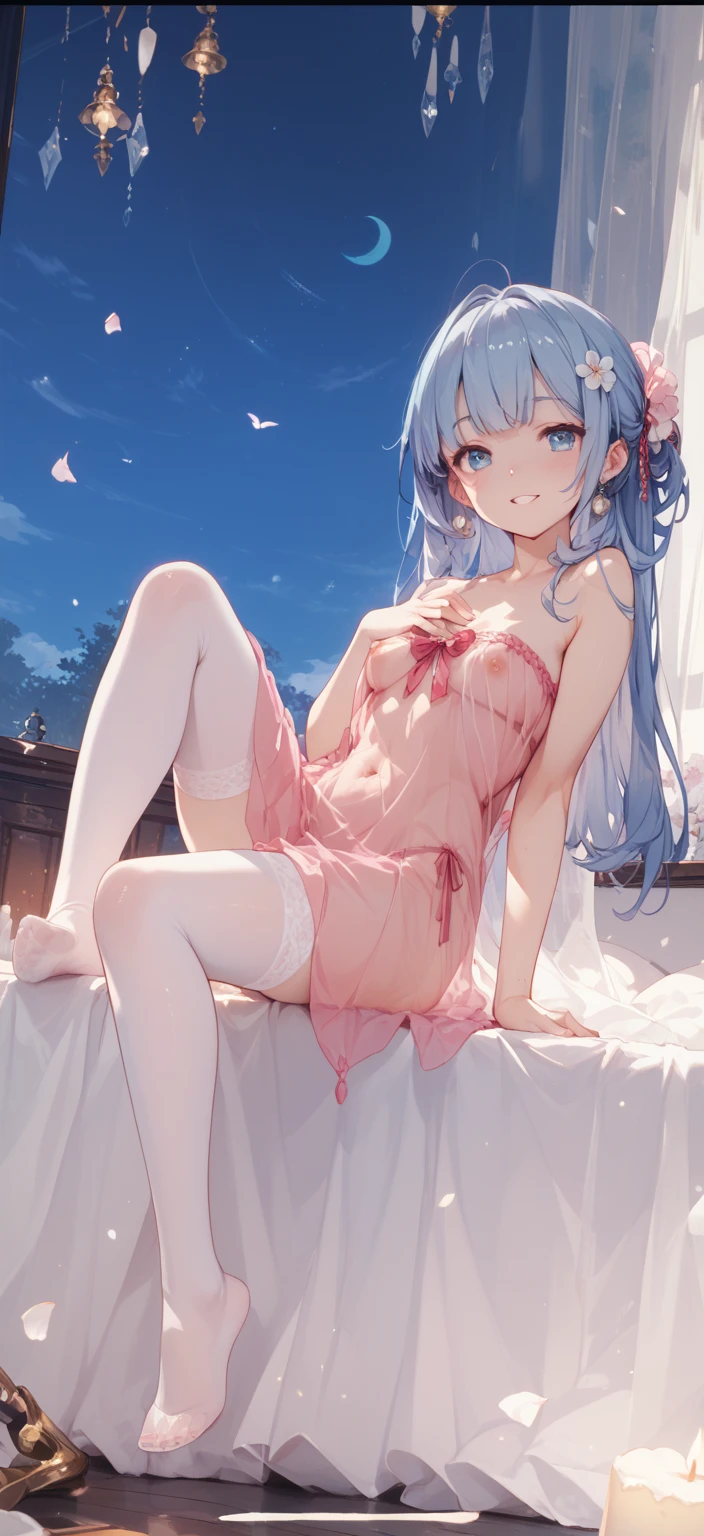 Kyoto animation style, world masterpiece, upper body, on side, focus on eyes, Exposing cleavage, beautiful detailed, Perfect female body, 1 girls, 20 years old, very long hair, messy hair style, Air bangs, baby blue hair, colored inner hair, gemological hair, extremely beautiful detailed anime face and eyes, heart , delicate hands, medium breast, Bare navel, barefoot, peach pink pupils, detailed skin, Frill, piercing, underwear, landscapes, night, meteor, sparkle, wallpaper 8k CG, the best quality , Delicate eyes , delicate hands