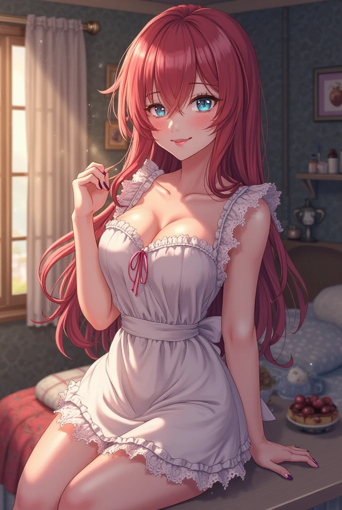 Character: A beautiful anime girl with long, flowing red hair:1.8, softly cascading over her shoulders, large, innocent blue eyes:2.0, filled with a gentle and curious expression, smooth, flawless porcelain-like skin:1.7, with a soft, natural glow, an hourglass figure:1.8, with a narrow waist, wide hips, and a modestly covered chest.

Outfit: She is dressed in a delicate, light-colored nightgown:1.7, that lightly drapes over her curves, with soft lace detailing, and simple, comfortable panties underneath, her attire is modest yet feminine, emphasizing her gentle nature rather than being revealing.

Pose and Expression: She is sitting on the edge of a bed in a cozy bedroom, her posture relaxed and natural, with her hands gently resting on her lap, her expression is one of mild surprise, but with a sweet and innocent smile, her eyes are wide and curious, with no hint of suggestiveness, ensuring that her fingers are not the focal point.

Environment: The setting is a warm, softly lit bedroom, with soft ambient lighting:1.7 from a bedside lamp, casting gentle, warm light across the room, the bed is covered with cozy, pastel-colored sheets, and the room is decorated with simple, delicate touches like a small vase of flowers on the nightstand and a plush teddy bear beside her, the overall atmosphere is one of warmth, comfort, and innocence.

Additional Details: Vivid colors bring her red hair and blue eyes to life, with intricate detailing on the texture of her nightgown and the soft sheets beneath her, her skin is smooth and flawlessly animated, with subtle shading to emphasize her natural beauty, the lighting is carefully balanced to create a soft, serene look, enhancing the overall innocent and gentle anime aesthetic."