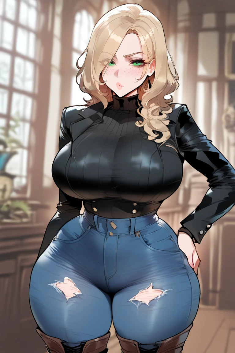 (Uhd, Masterpiece, Textured Skin, Super Detail, High Details, High Quality, Best Quality), Detailed Face, 1woman, mature pretty woman, ((Wide hips, thick thighs, massive huge breasts)), Blonde hair tied up, (Black sweater shirt), (jeans), (Huge Body, Plump body), (Hair tied:1.3)