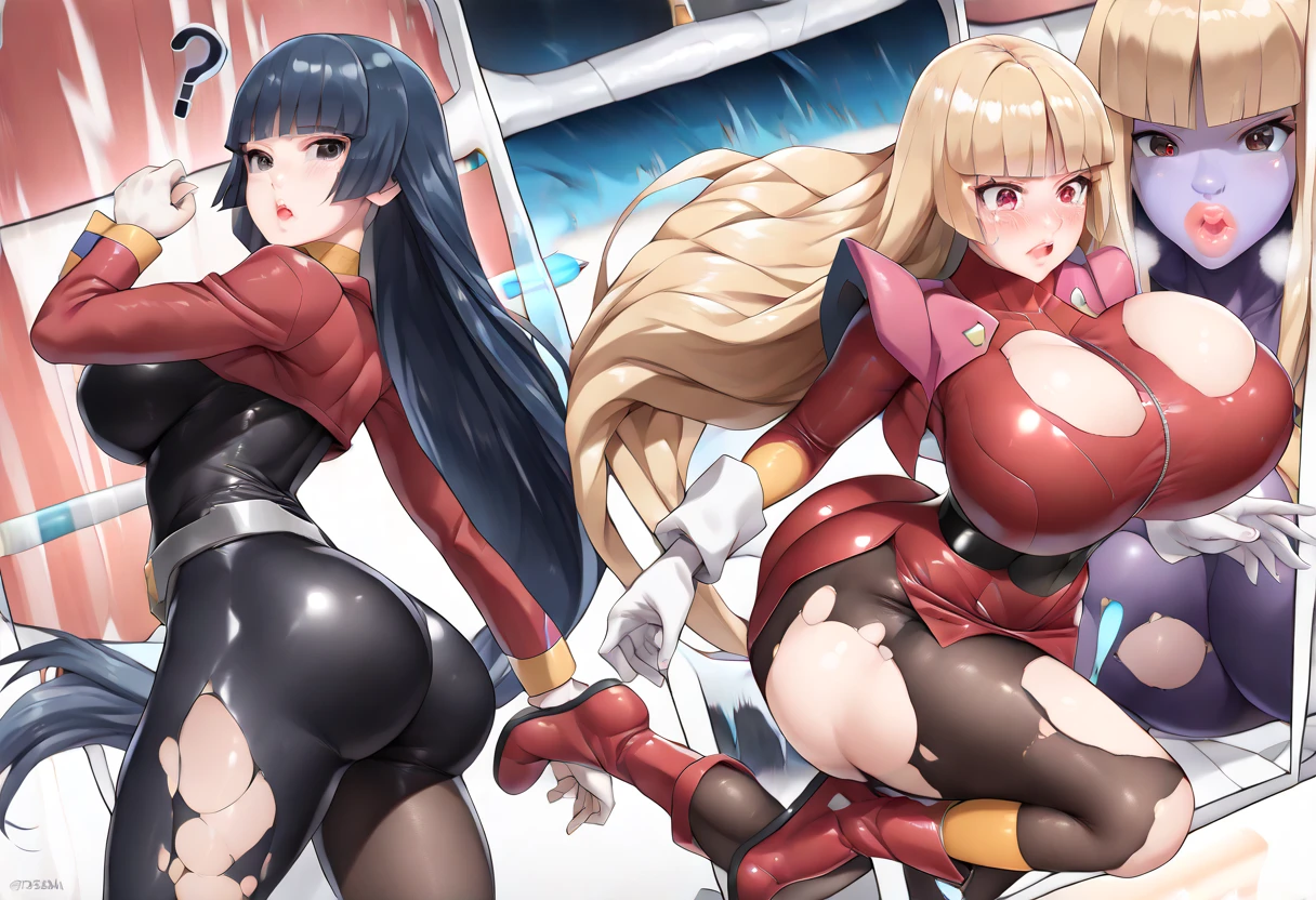 ultra-detailed, Explicit, Beautiful body, Beautiful Nose, Beautiful character design, perfect eyes, perfect face, ultra highres, 4K, beautiful legs, perfect legs, Nice hands, Perfect hand, Masterpiece, Best Quality, Highly detailed, illustration, absurdres, street fighter, doll suit, shadaloo doll, dollsuit, girls, multiple girls, expressionless, blank eyes, looking at viewer, red gloves, emotionless, black latex, corrution, mind control, female combatant, full body, hypnotized, unhappy trance, full body suit, ribbed bodysuit, both arms at side, stand up straight, obey, perfect female body, extremely glossy latex, hypnosis, hypnoLora, empty eyes, Mind control device, poses, brainwashed, submissive_pose, Slave, hat, necktie, stand up straight, standing, standing at attention, belt, latex, garter belt, thighhighs, Kotone Noda, sakura trick, blonde hair, long hair