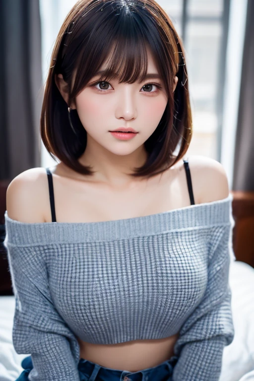 masutepiece, Best Quality, One girl, (Beautiful Girl:1.3), Very fine eye definition, (Symmetrical eyes:1.3),Off-the-shoulder clothing,Slit at chest , Sexy pose on bed、Beautiful breasts, Brown eyes, Parted bangs, Brown hair, Upper teeth、Chain Choker、White panties