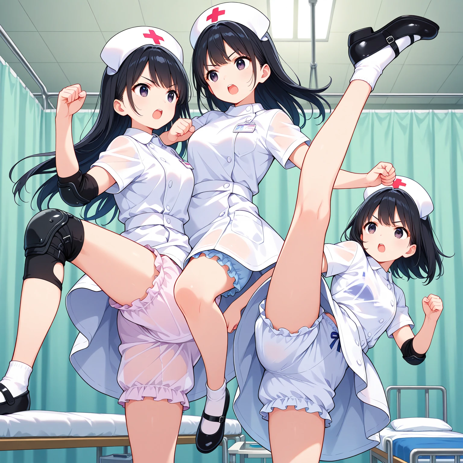 realistic, 1gril, per HD, 12k, slim body, rather big body, six pack body, big round breasts, uniform nurse girl clothes, beautiful breasts, looking at the camera, sitting on the dildo, long black hair, facial details, detailed person, body details, hair details, breast details, vagina details, eye details, sweat details, water details, pose (Masturbating with 3 girls 3 mens) whole body, klimaks masturbating, perfect masturbating, stay in kitchen, lesbian, licking dildo, klimaks face masturbating, squirting sperm, saddly