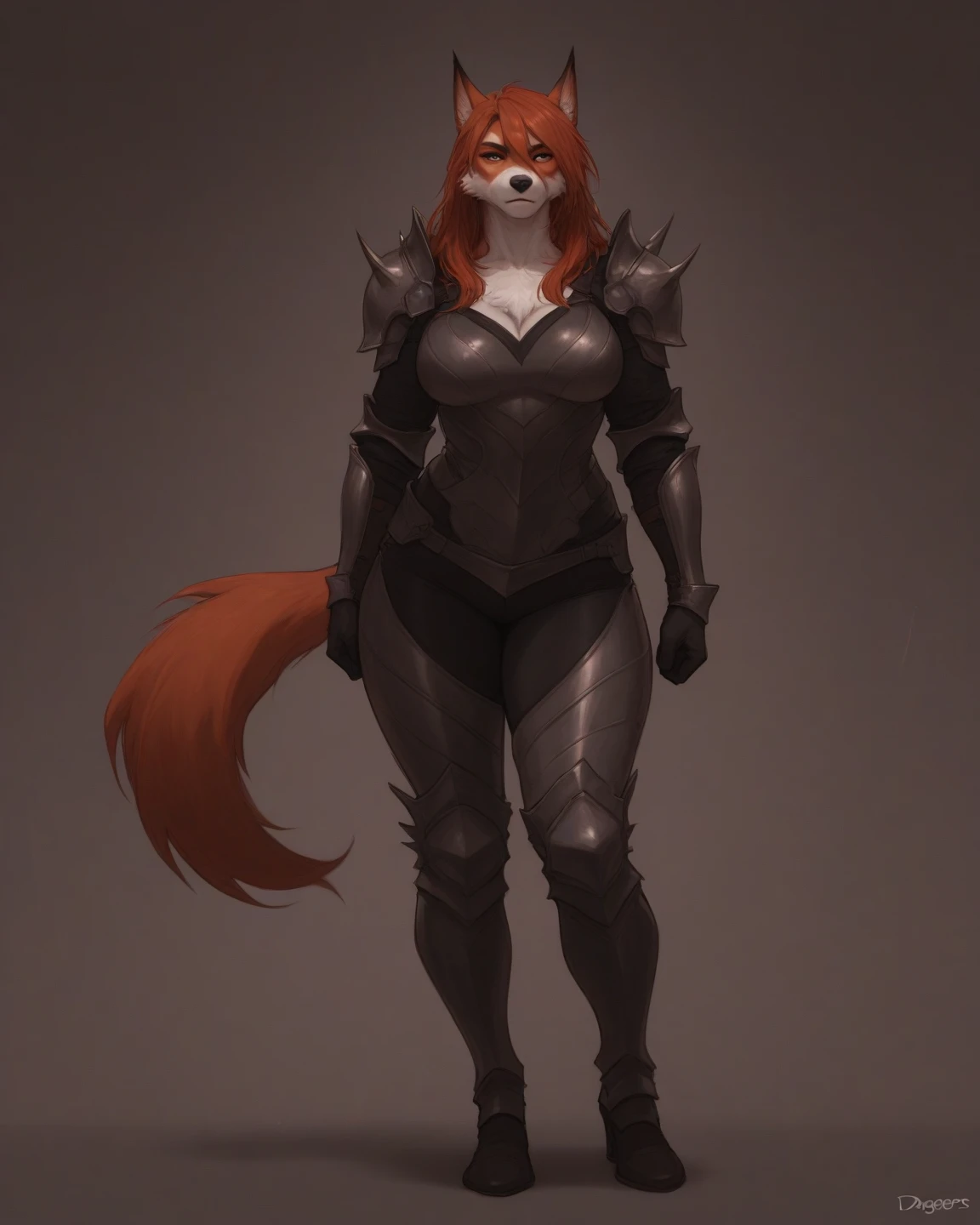 (Fox), anthro, (wearing crop top), two toned fur, (wearing armor leggings), (((underboob))), under boob, high detail, white belly, high resolution, raw photo, gray background, 1girl, solo, big breasts, high quality, hi res, sharp, detailed body, detailed, cartoony, ((looking at viewer)), (angry), mad, thick thighs, thin, skinny, full body, whole body, ((full body portrait)), far away, (((full body concept))), attack pose, battle pose, Medieval, rpg, small waist