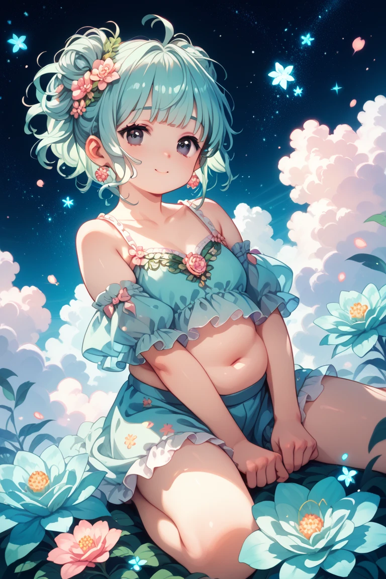 ((8k, Highest quality, masterpiece: 1.3)),Ultra-high resolution,(1 girl, alone), (Color changing eyes, Ultra-detailed, Expressive brilliance, Glitter, Glowing Eyes), Highly detailed eyes, Highly detailed face, Random Hair, ((pastel colour)),A playful young woman with pastel blue hair styled into a messy bun, sitting cross-legged on the floor of her sunlit bedroom during a bright afternoon. She is dressed in a vibrant orange bikini with intricate floral patterns. The camera captures her from a frontal angle as she leans slightly forward, her hands resting on her knees while she smiles brightly at the camera. As she shifts into another pose, she lies back on a soft rug, her legs slightly bent and her arms stretched above her head, gazing up at the ceiling with a contented expression. The room is filled with natural sunlight, with a few potted plants in the background, creating a fresh and lively atmosphere.