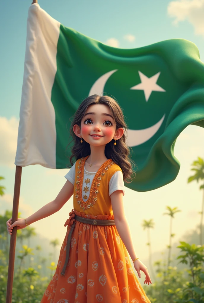 A real25"years old girl, Wearing green frock and white trozar_ sneakers and the name “ laiba is written on frock black glasses her eyes hand the boy is standing on the road with holding a national flag of Pakistan and behind him is the Lahore And written on sky “Independence Day” Create Realistic image high quality..