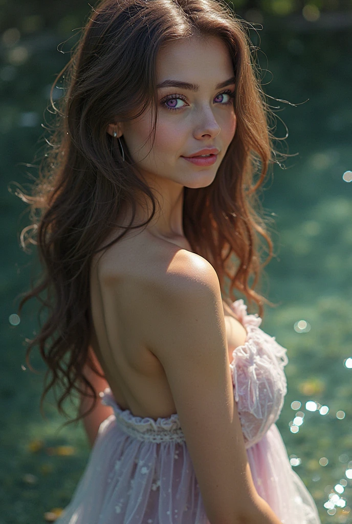 Waist length Hair, High Resolution, brown Hair, wavy hair, Curvy, short, Smile, doe eyes, courtyard background, Multiple Views, Hair Flower, ivory flowing dress, silver high heels, Looking at viewer, Smiling, light blue eyes, innocent look, Jewelry, Realism, round shaped face, big smile, sun rise, full body in frame, sitting on fountain, big smile, pale completion, soft features, not blushing, no tan skin, flipping hair, laughing
