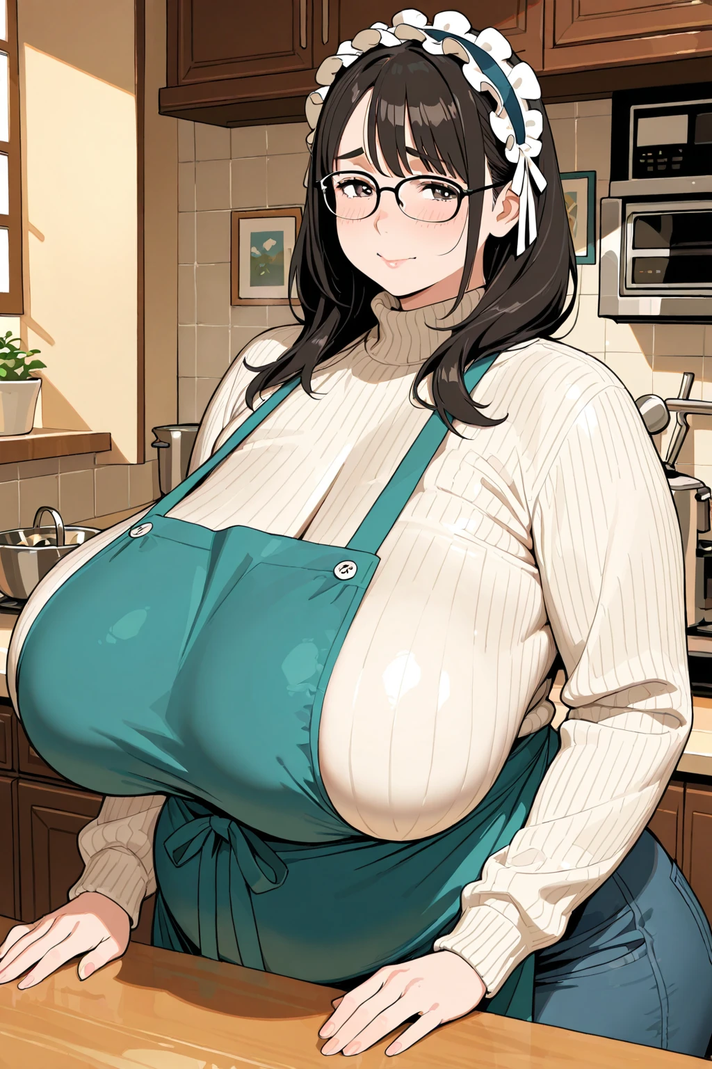 1girl,solo,Mature Woman,married woman,Black Hair,long pony hair,Glasses,mother,nervous,disgrace,blush,Super huge breasts,plump,Big thighs,pubic hair,only bikini,Wearing nothing but a bikini,Are standing,Looking at this,Inclusive,NSFW,Massage salon background