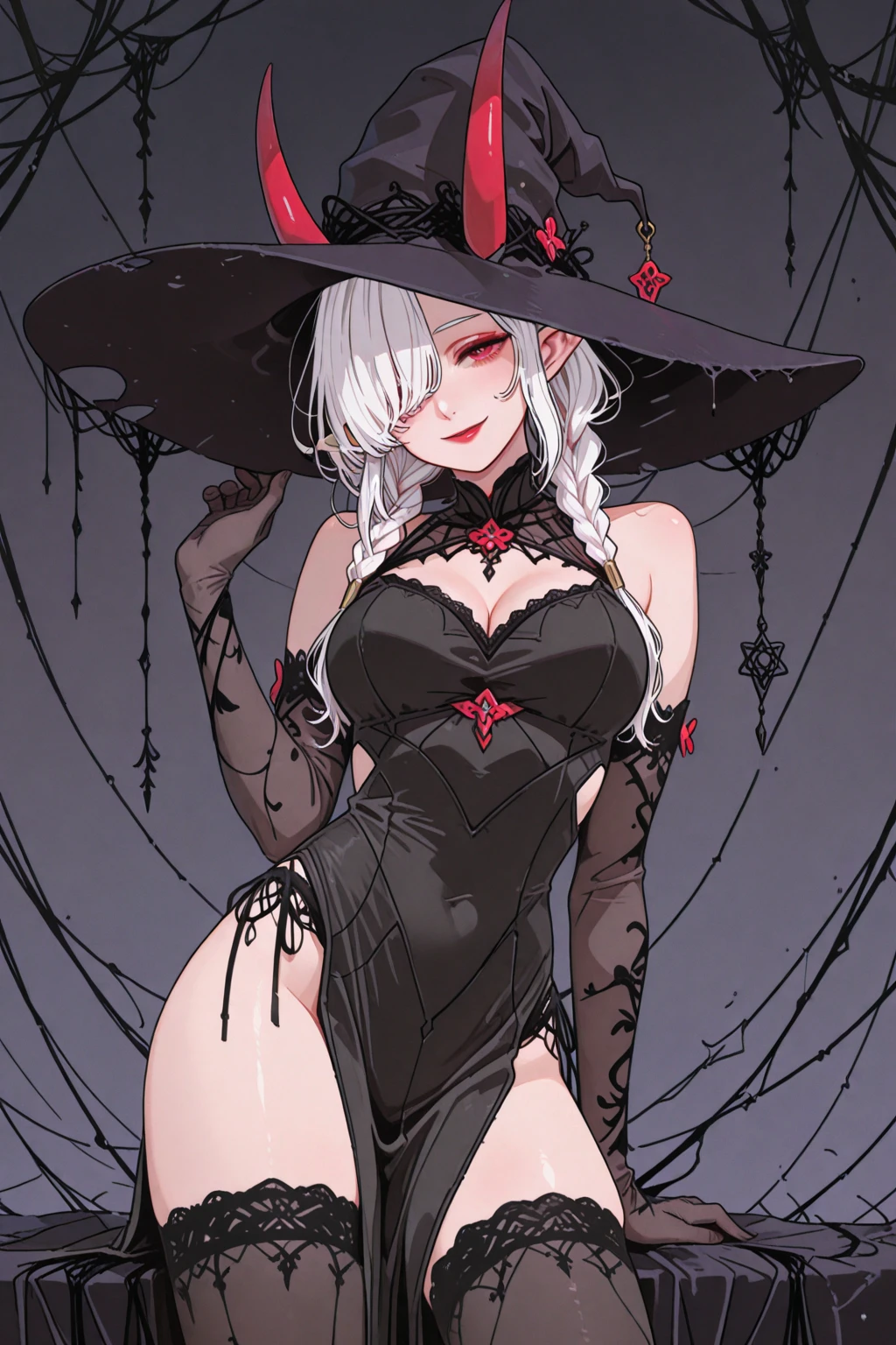 female, silver long hair with black highlights, red eyes, (((1girl))), (((red lace panties))), (red lace bra), (black boots), (black gloves), (black cowboy hat), cute and sexy, big breasts, big butt, full body, long legs, smiling