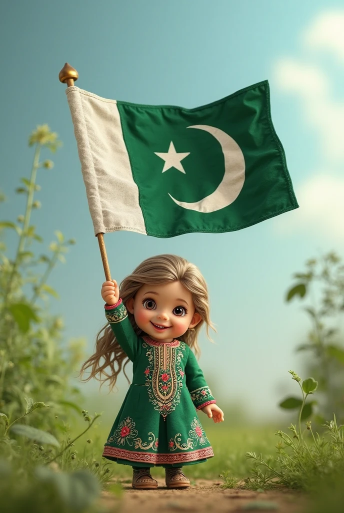 A cartoonic girl wearing Pakistani dress, Holding Pakistani flag, "Mahnoor" written on girl's shirt,
