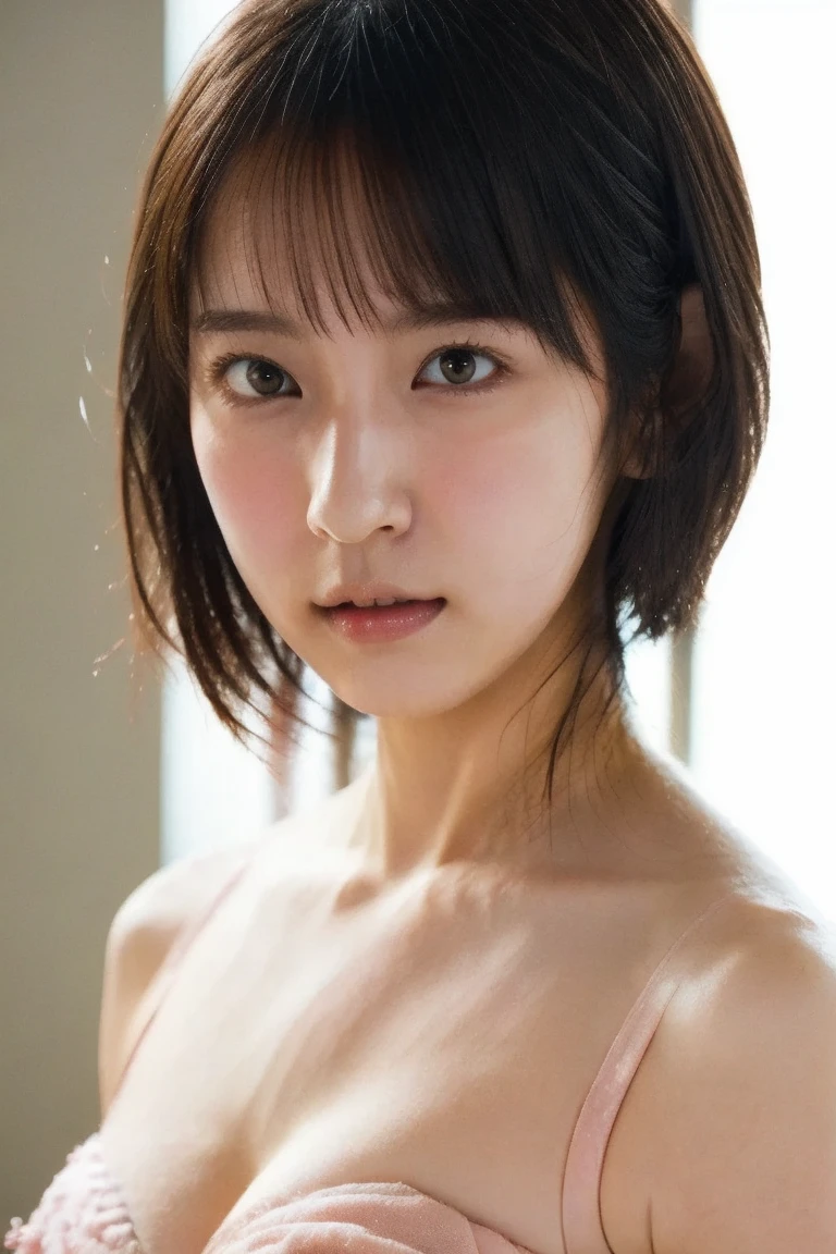 lens: 135mm f1.8,(Highest quality), (Beautiful 14 year old Japanese girl),  (Moist lips), Narrow eyes, double eyelid,Delicate clavicle,Flat Chest,Shortcuts, A faint smile, Professional Lighting, 
(Completely naked), (Sunburned skin:0.2),Full body photo、Full Body Focus、In front of a white wall、Standing upright and motionless