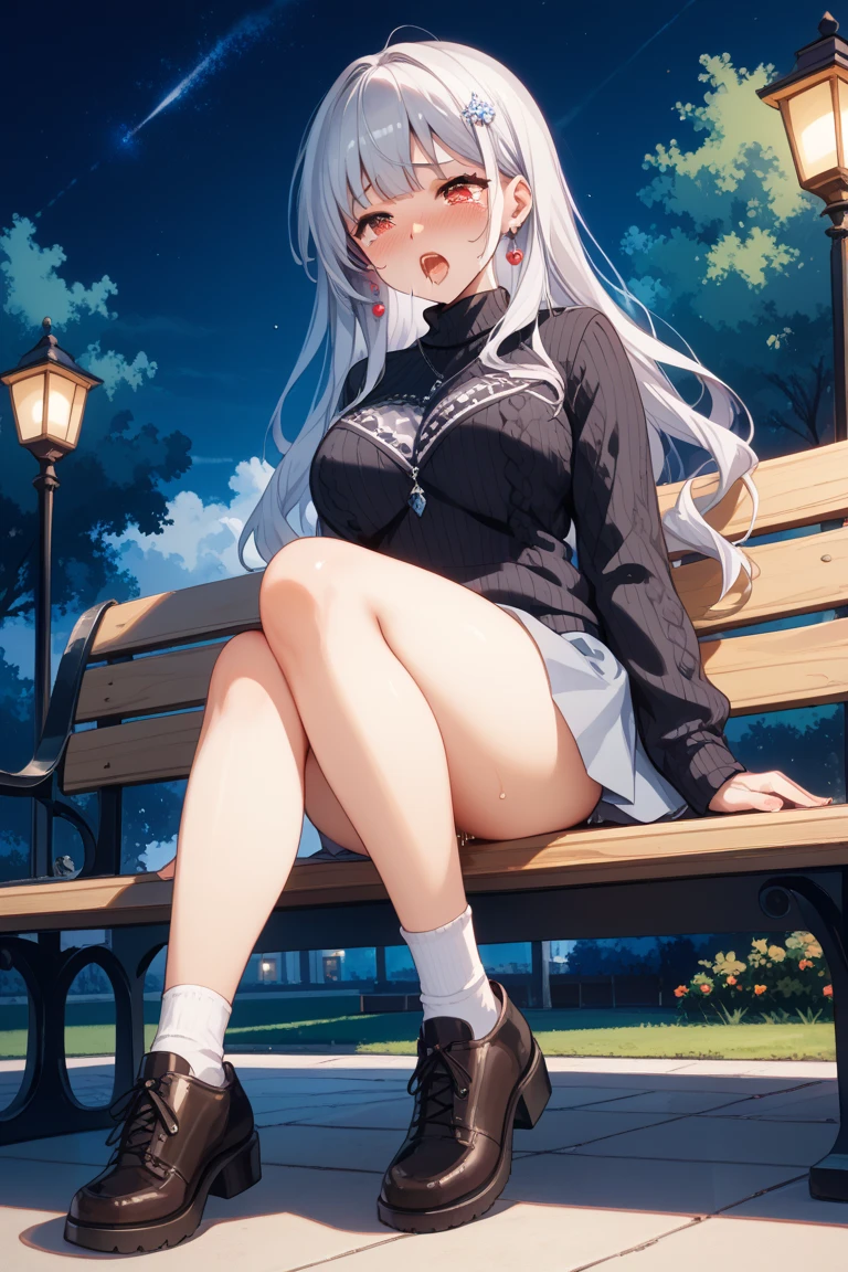 masterpiece, best quality, 1girl, sitting, city, white hair, long hair, purple eyes, buttoned shirt, jacket, scarf, skirt, thigh highs