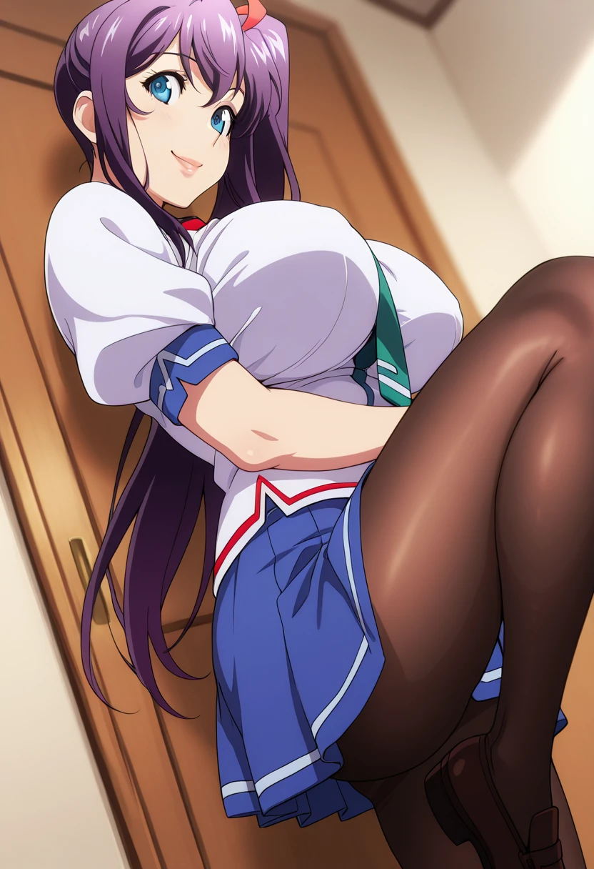 1girl in, lightsmile, Shiny skin, Best Quality, masutepiece, (Game CG:1.4), NSFW,huge tit、 ,Detailed beautiful face and eyes,爆乳、Lingerie with a small area, Sailor Mercury, I could feel the battle, Serious, Cowboy Shot、large full breasts、Solo, (Curve:1.1), looking down to viewer, Embarrassed face, ((From below:1.5)) Looks Back, ((Leaning forward)), seen from back, lip stick, makeup, Ultra Detail Hair, ultra detail face, (Purple eyes:1.05), Perfect eyes, Perfect face, earrings, (Confused, blush:1.2), , (black thighhighs, Garter Belt:1.1), zettai ryouiki, , high-heels, (Large breasts:1.1), cleavage, Big ass, thighs thighs thighs thighs, Show panties, ((From the hem of the rolled up skirt to the crotch))