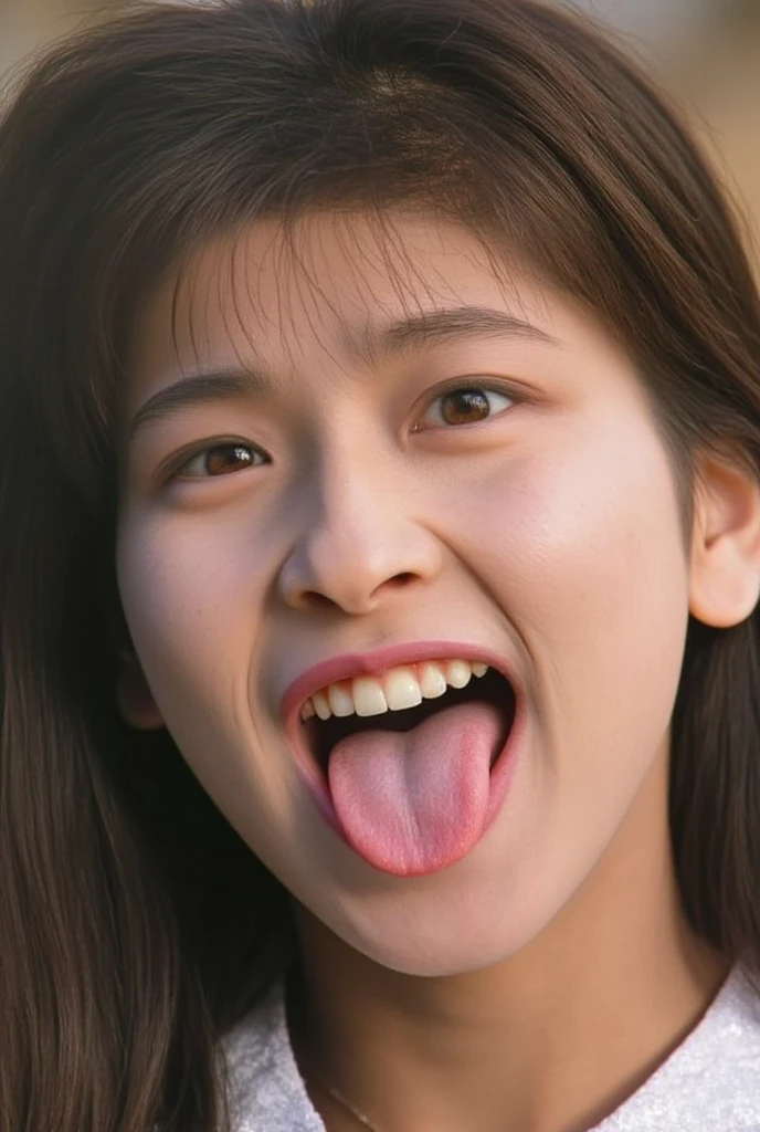 Korean,5 years old,,woman,Show only the face,Eyes wide open, a scary smile,Open your mouth and eyes wide,stick your long tongue out of your mouth