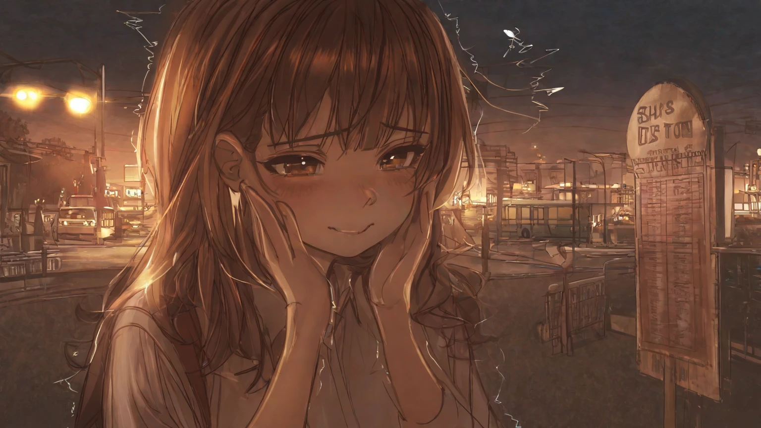 masterpiece, best quality, very aesthetic, absurdres, newest, 1girl, asymmetrical bangs, tareme, 1girl, solo, young woman, long brown hair, wavy hair, blue eyes, looking up, tears in eyes, sad expression, casual clothing, outdoor, holding, bottle,alcohol,dawn sky, side angle, upper body