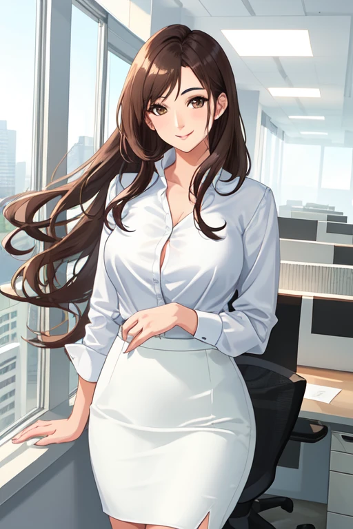 masterpiece,best quality,absurdres,photorealistic,mature female,sagging breasts,<lora:shiyuan:0.6>,long_hair,glasses,cleavage,pantyhose,brown_hair,mole_on_breast,office lady,