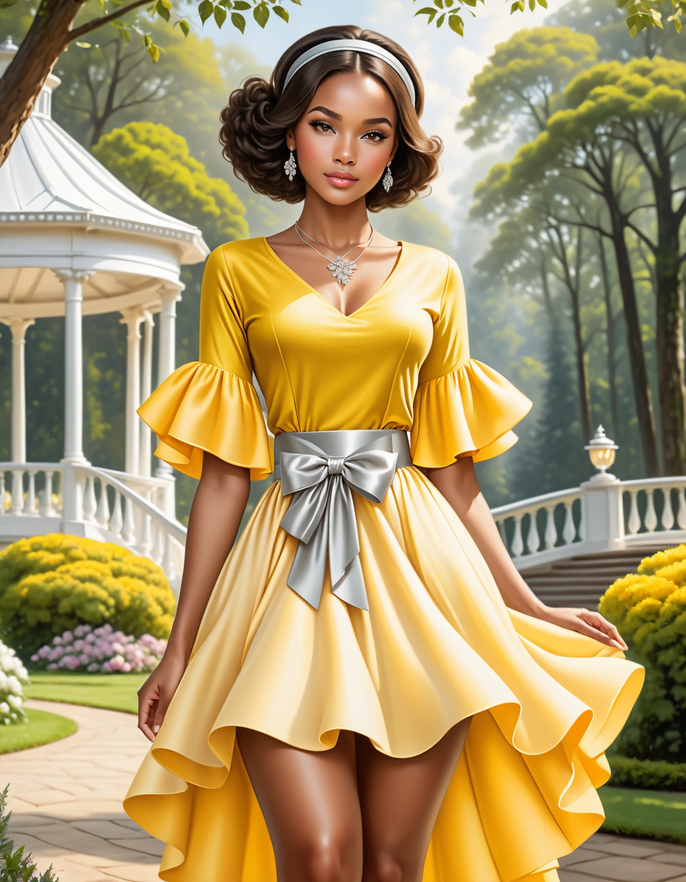 A fifteen-year-old black girl, beautiful with curly hair, wearing a light yellow dress with rose prints, in the forest.