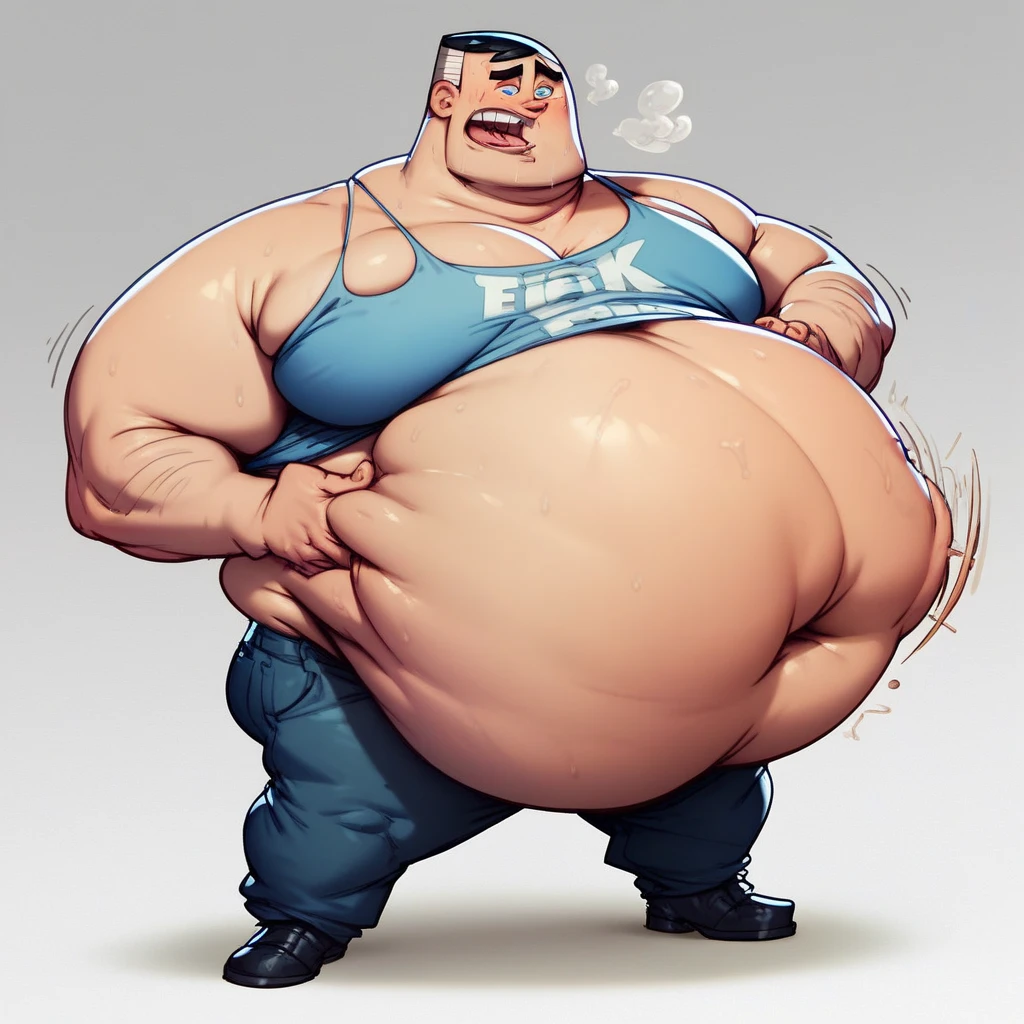 Only plump, chubby, extremely thick thighs, large belly, wearing only green or gray or blue or white stanpine swim trunks, solo, male focus, upper body, muscular, mature male, old man, short hair, grey hair, brown eyes, thick eyebrows, glasses, black-framed eyewear, facial hair, stubble, sideburns, smile, necklace, gold chain, chain, white tank top, blue boxers, striped male underwear, blue slippers, plump, belly, fat, arm hair, leg hair, sitting, yellow checkered armchair, simple background, dick out