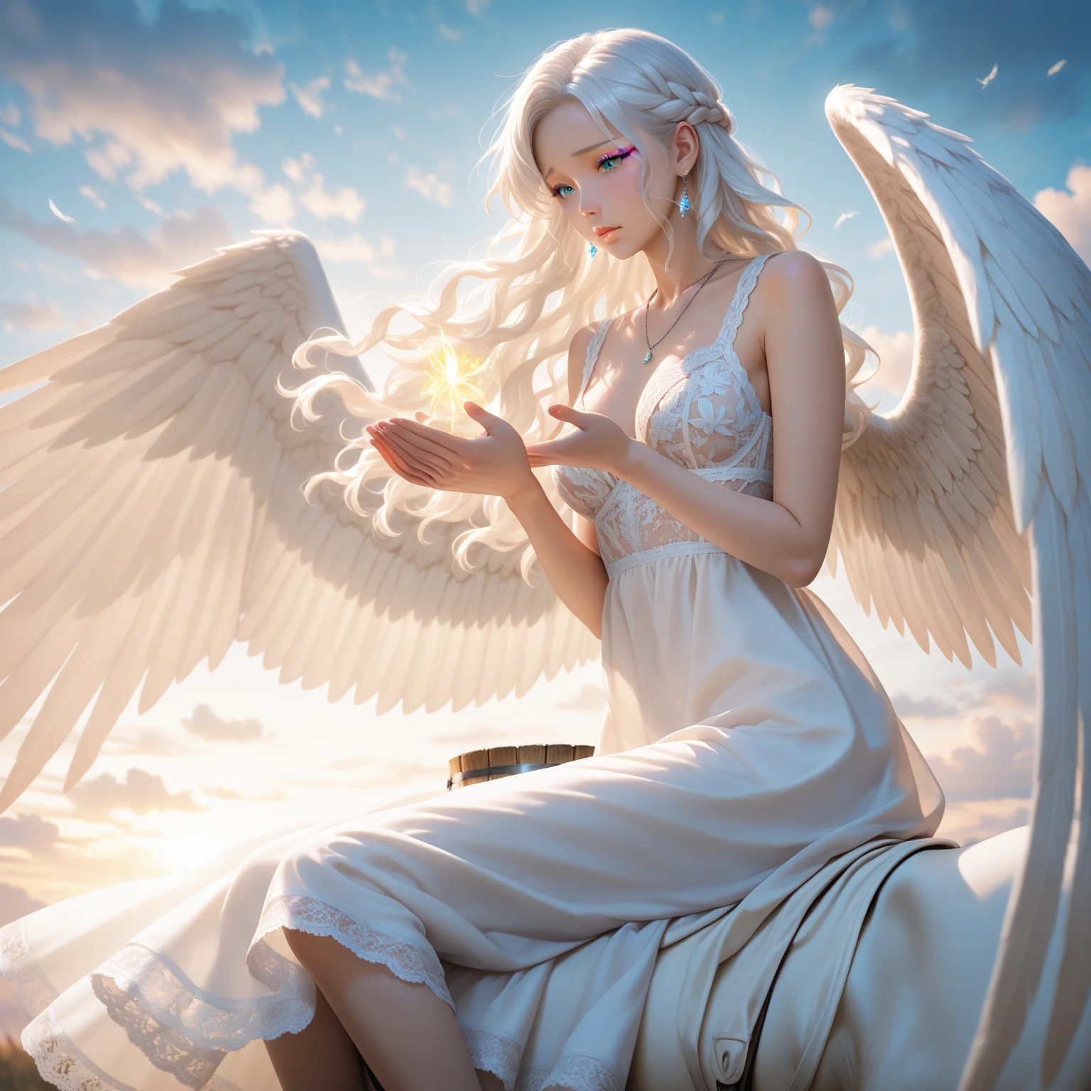 The angel must have a serene and majestic appearance, with bright white wings extending backwards. Your features should convey a calm and angelic expression, with soft eyes and a soft smile on his lips. The angel will be sitting or floating on a soft, nuvem fofa, rodeado por um leve brilho celestial. Your hands should be skillfully positioned, dedilhando as cordas da harpa com graciosidade. A harpa deve ser representada com detalhes elegantes, com cordas douradas brilhantes e um formato delicado. The soft light will envelop the angel, destacando suas asas e criando uma atmosfera celestial. The scenery may include additional clouds and gentle sun rays that cross the sky, Creating a Celestial and Magical Environment. Por favor, Try to capture the sense of serenity, Beauty and harmony in this illustration. Feel free to add your own artistic style and creativity to the drawing. Aguardo ansiosamente para ver o resultado final dessa maravilhosa imagem de um anjo tocando harpa."