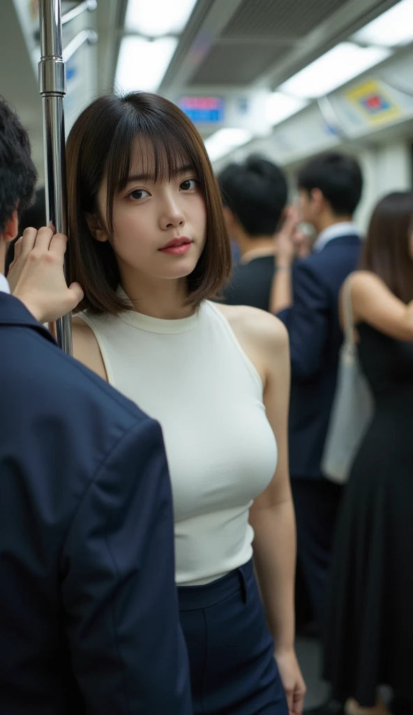 (masterpiece:1.3), (8k, photorealistic, RAW photo, best quality: 1.4), (1girl), beautiful face, (realistic face), (black hair, short hair:1.3), beautiful hairstyle, realistic eyes, beautiful detailed eyes, (realistic skin), beautiful skin, (sweater:Show off your cleavage), absurdres, attractive, ultra high res, ultra realistic, highly detailed, golden ratio、I can see the whole body、(crowded train)、(medium breasts)、
