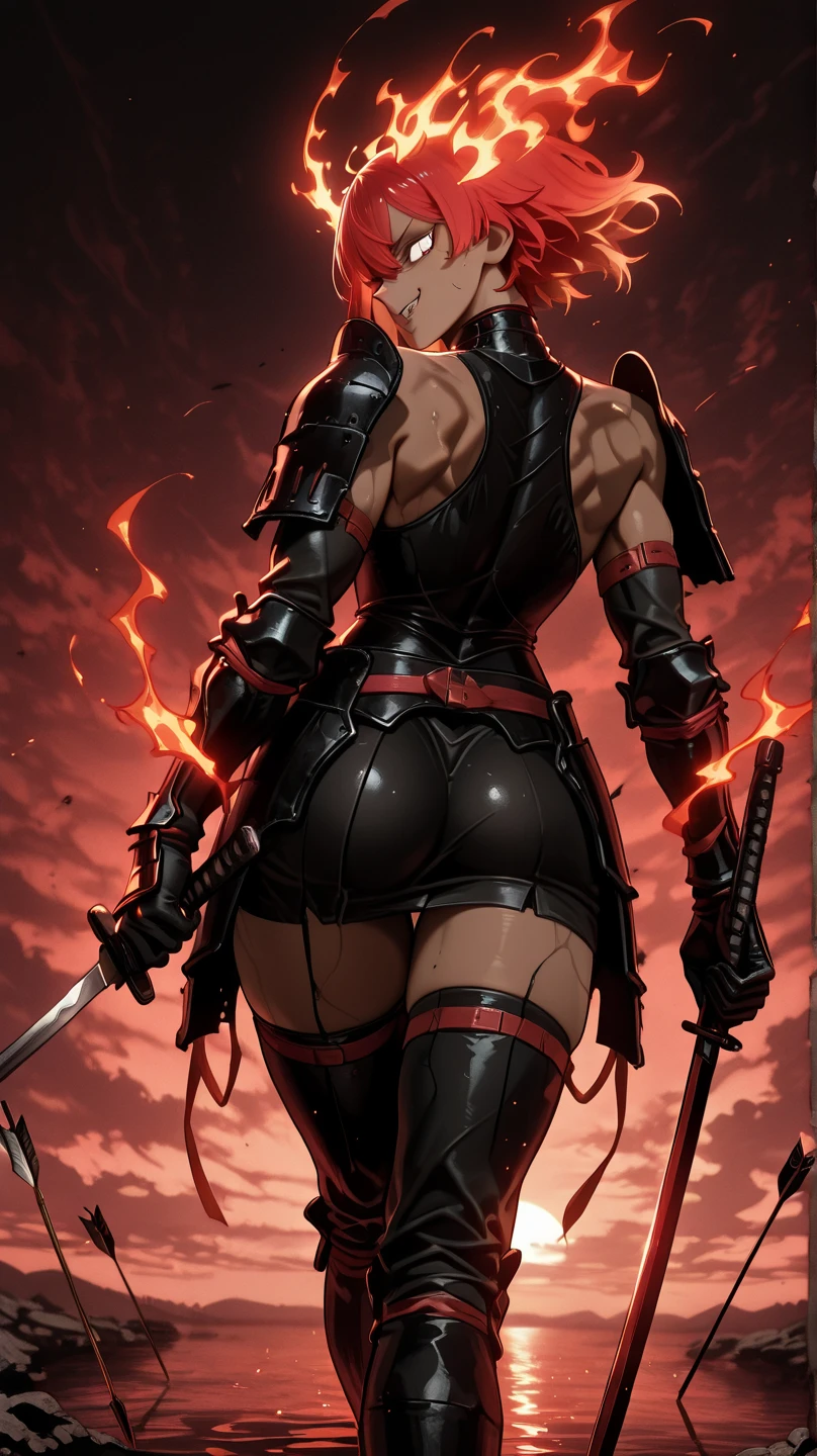 Red skin succubus tiefling, medium breasts, black horns, wings, huge tail, black leather, crop top, long flowing pelvic curtain, tall, toned, graceful, thin, long black ponytail. Action scene, whip. Dark scene, explosions, night sky.