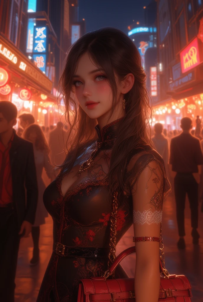 dim orange moonlighting,dim orange neonlighting,night,A beautiful woman wearing on the bustling streets of Gintama, surrounded by vendors, beautiful portrait of a stunning goddess girl, beautiful detailed face, porcelain skin, full body shot, centered, ultra soft lighting, symmetry, intricate, elegant, highly detailed, photorealistic, artstation, concept art, smooth, as imagined by greg rutkowski and borris vallejo, cover, vogue style