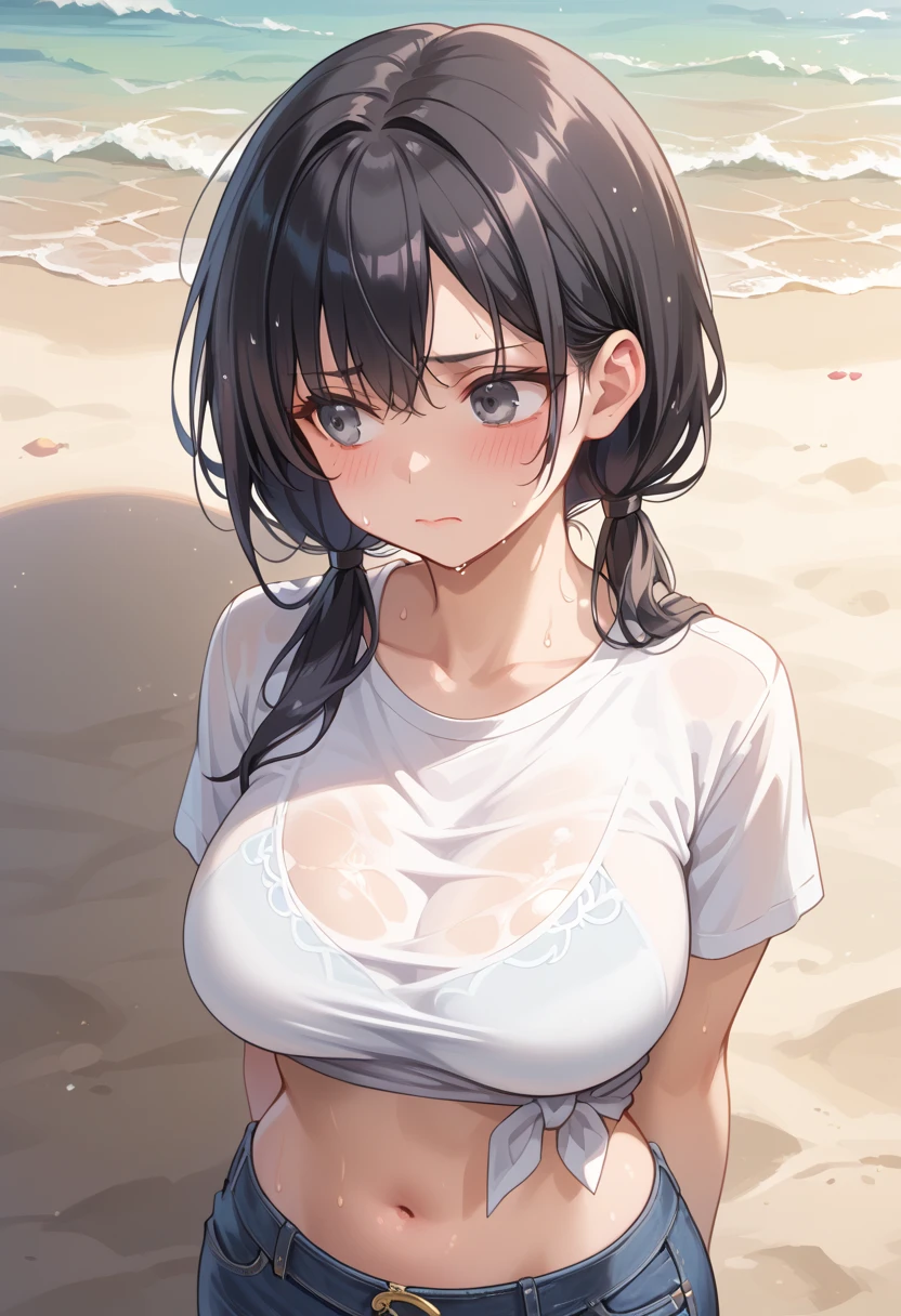 Beautiful girl, beautiful face, sweat, wet, sandy beach, shirt, shorts, showing stomach, big breasts,