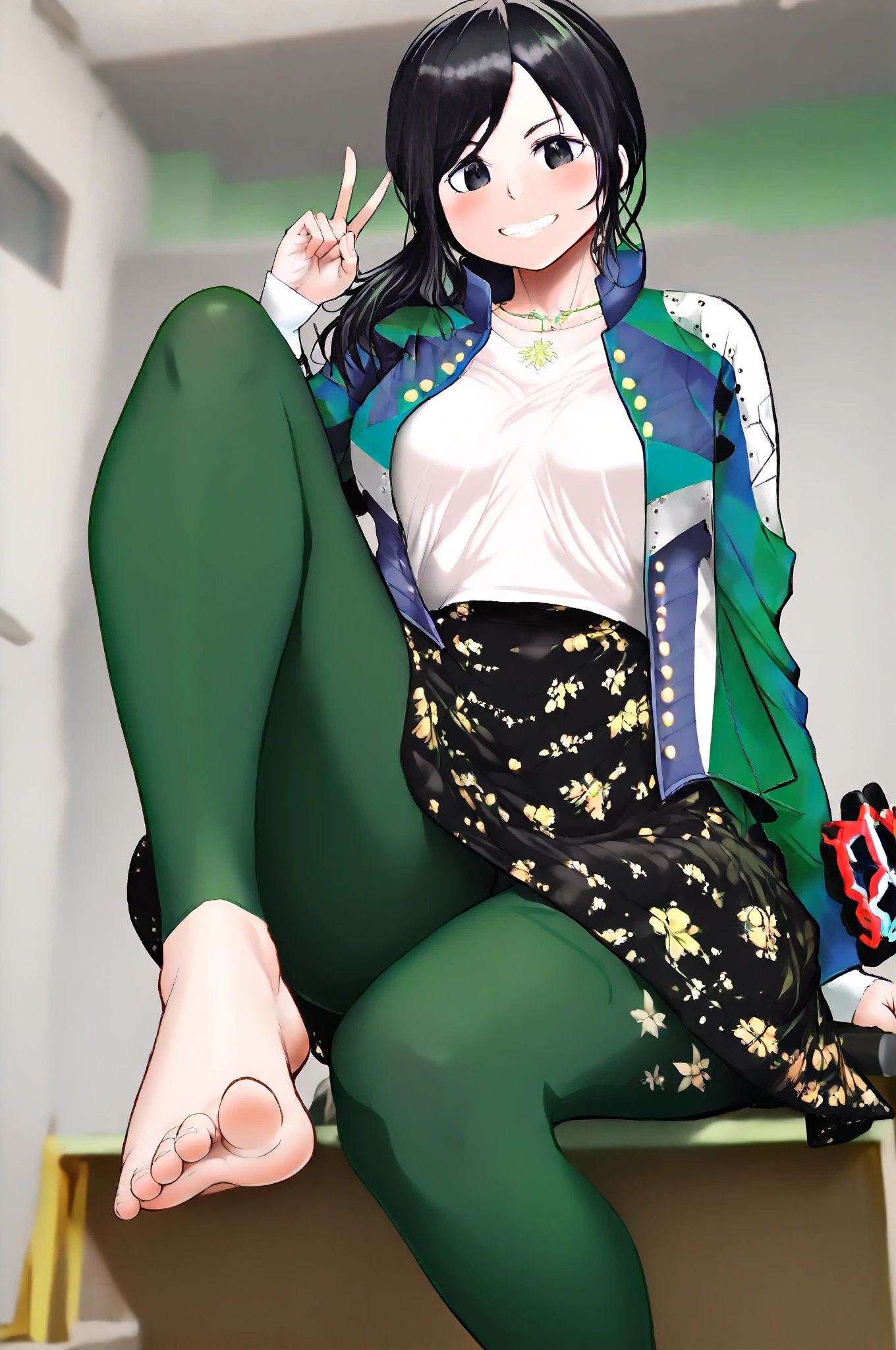 masterpiece, best quality, amazing quality, very aesthetic, absurdres, newest,  anime screenshot,  anime coloring,   <lora:JHStyle:0.6>jhstyle <lora:HammieKyugangerIllust:1>hammiekyuranger, 1girl, jacket, black hair, smile, black eyes, ponytail, long hair, shirt, floral print skirt, black_skirt green pantyhose, thick thighs,  v_sign wink clenched teeth,  smile,medium breasts,maku_lu_style, foot focus, barefoot, sitting, toes, 裸足, 足裏, 開脚