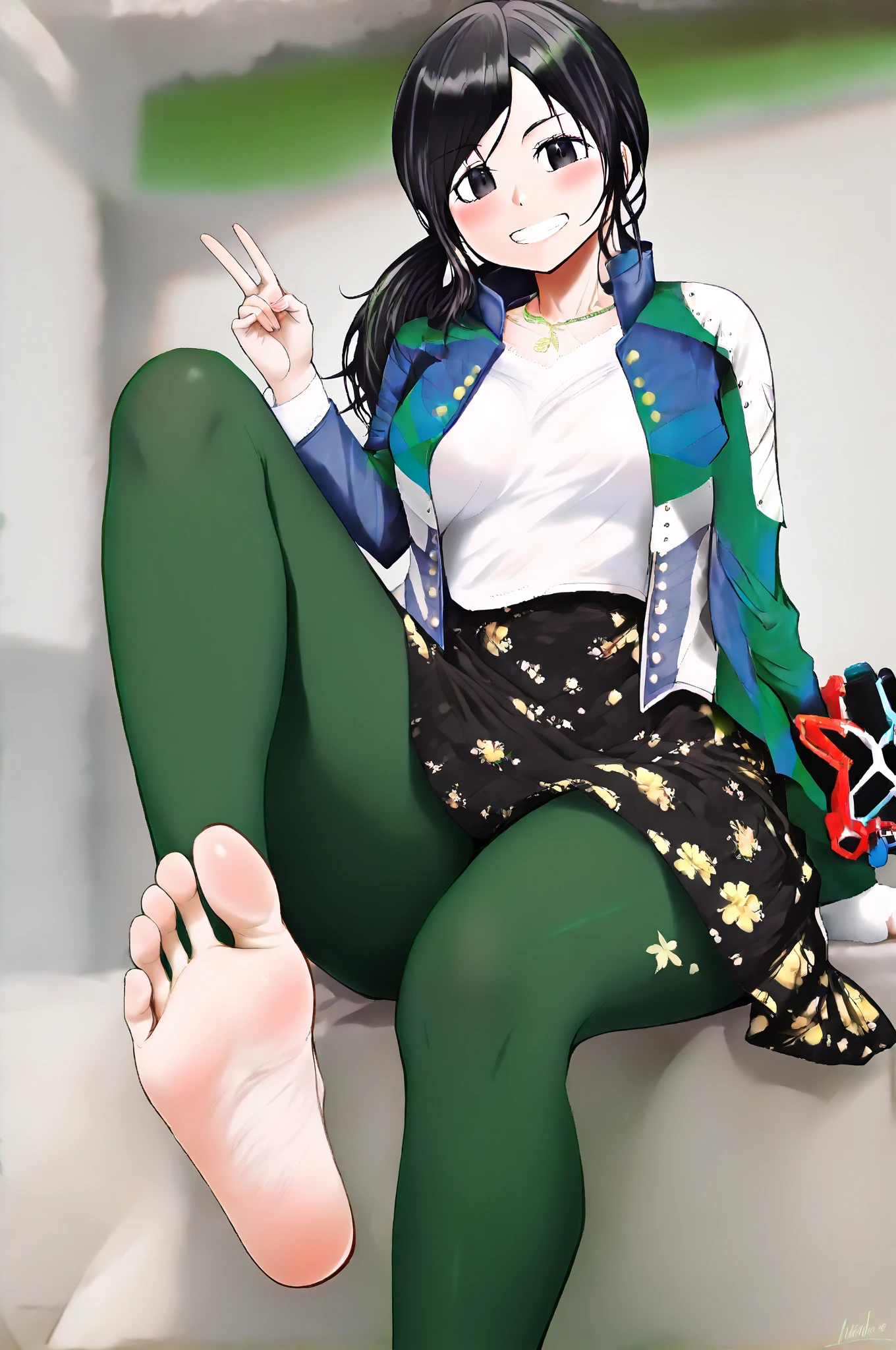 masterpiece, best quality, amazing quality, very aesthetic, absurdres, newest,  anime screenshot,  anime coloring,   <lora:JHStyle:0.6>jhstyle <lora:HammieKyugangerIllust:1>hammiekyuranger, 1girl, jacket, black hair, smile, black eyes, ponytail, long hair, shirt, floral print skirt, black_skirt green pantyhose, thick thighs,  v_sign wink clenched teeth,  smile,medium breasts,maku_lu_style, foot focus, barefoot, sitting, toes, 裸足, 足裏, 開脚