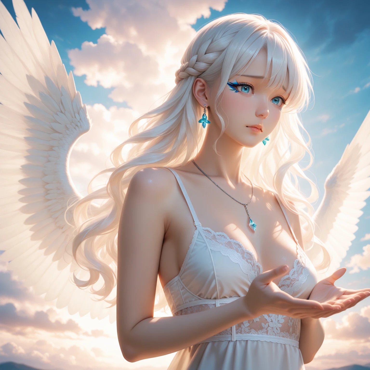 Best image quality, perfect masterpiece, super high resolution, 1.4x realism, cinematic lighting, sense of sacredness, an angel girl wearing a white dress, silver hair, a halo on her head, floating in Christ's paradise, sunny, face lit, holy light surrounding, applying the Tyndall effect, prayer pose. At the same time, angels flew in the air, extreme light and shadow, and hair fluttered in the wind.