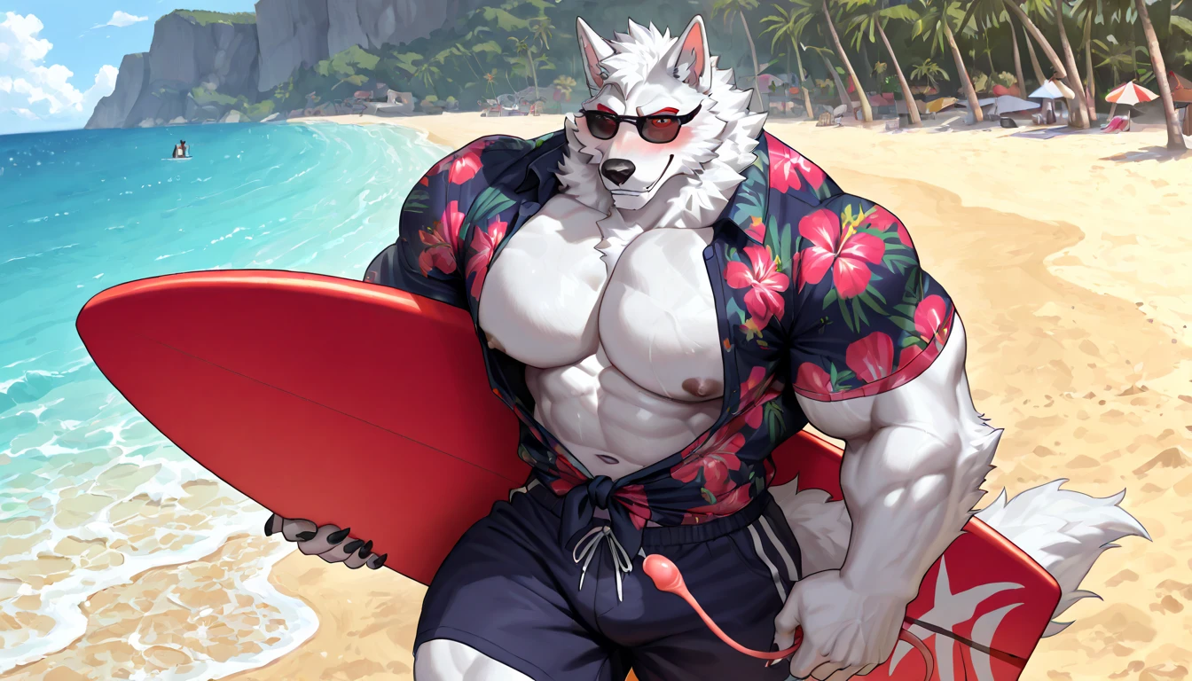 1 boy, solo, there is a blue wolf in a underwear, anthropology, wolf, hairy, blue and white fur, flex left arm muscles, korean muscle boy 2 1 years old, shirtless, the super hot and sexy, the extremely hot and sexy, robust stocky body, 30 year old man :: athletic, beach, half body, flex muscle, hlaf body, sunglasses, side view