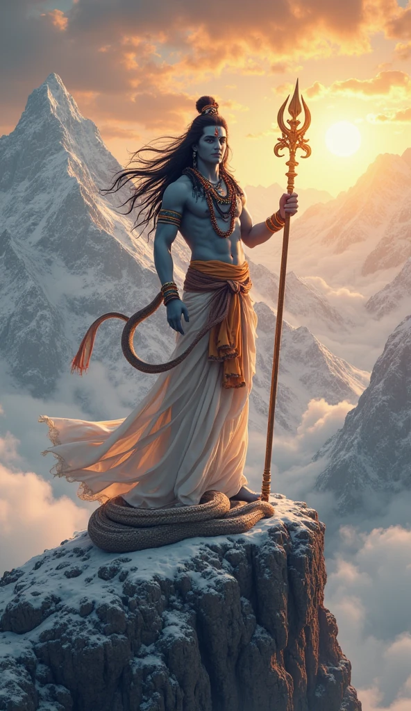 Lord shiva on kailash Mountain surrounded with snakes and Buls
