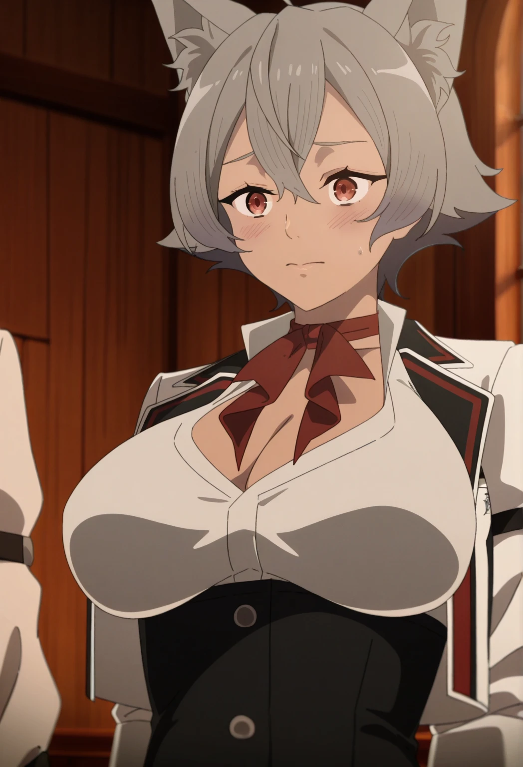 1 girl,❗️❗️,cat ears,White hair,Animal ear hair,Bangs,catwoman,red eyes,ahog,short hair,direction,hair between eyes,slit pupils, big breasts,
cat tail,white jacket,White shirt,pleated skirt,red skirt,belt buckle,bow tie,necklace,split,collared shirt,corset,long sleeves,open jacket,Uniforms,cowboy shooting,hand in panties,spread their legs,white panties,