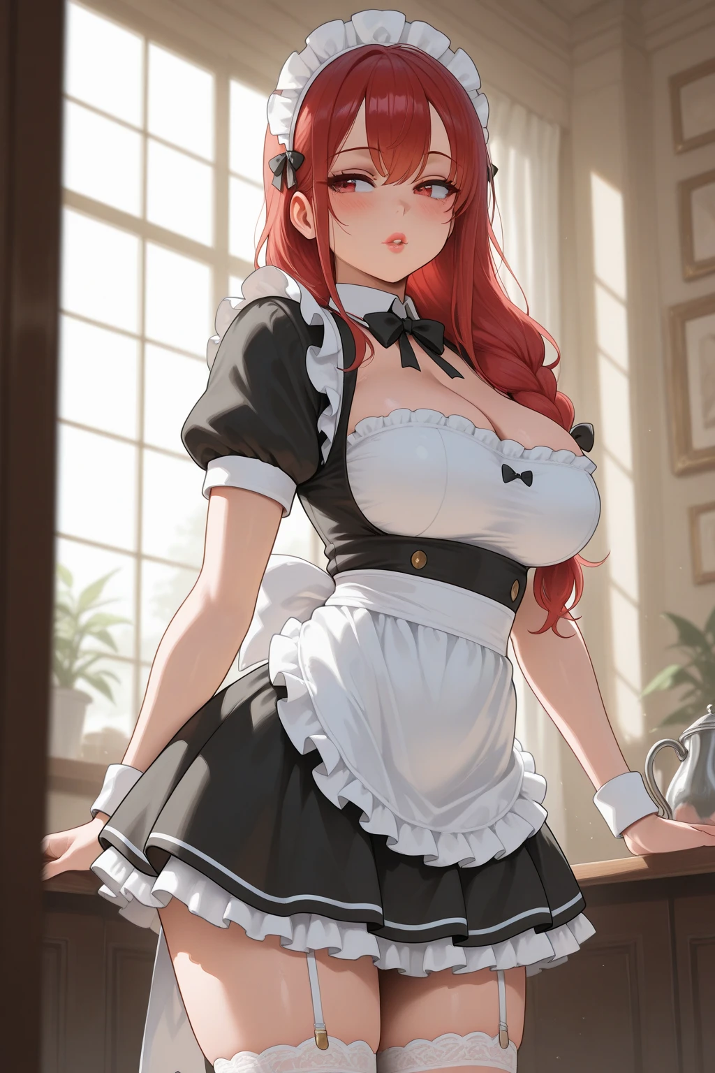 /draw ai_generated curvy_female curvy_figure The average cup size female_only huge_breasts looking_で_viewer +maid solo_Female Solo_focus stable_diffusion waitress orange_hair green_Eyes lift up skirt showing legs in black panties in pantyhose