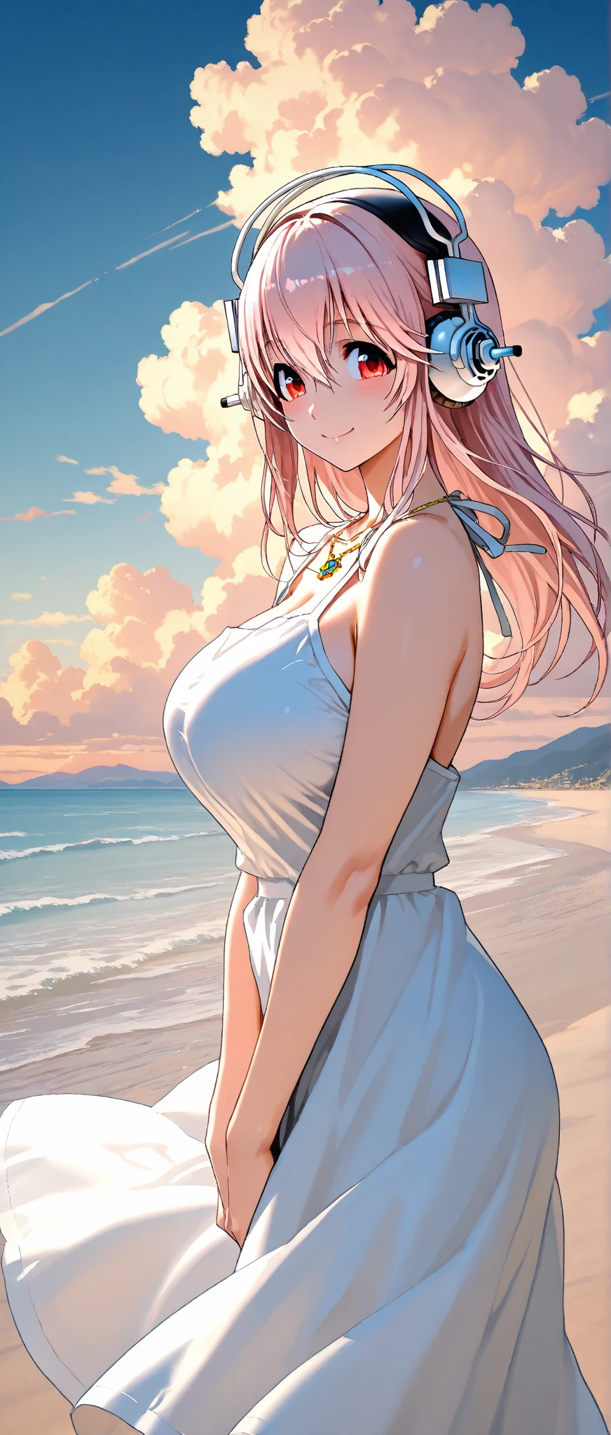 (highest quality, 4k, masterpiece :1.3), Beautiful woman, 1 girl, (chest, attractive body :1.2),Amara Winchester
● Eye color: Purple
● Hair color: Purple
● Body size: Tall, plum, slim, and curvy
● Skin color: fair
● Clothing style: mature, combat, cute, and feminine
● Clothing color: pink and white
● Pose: smiling and standing on the beach
● Picture: single picture