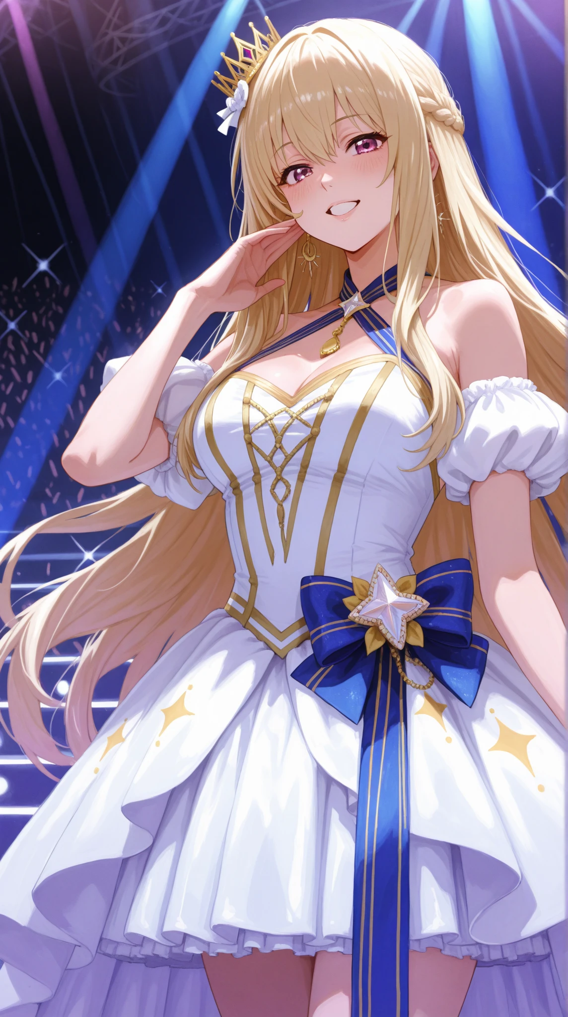 1girl, bright, blonde, long hair, half up, yellow eyes, star motif, multicolored hair, pink eyes, saleme, head mask, side light, light particles, wallpaper, big, plump, idol, swimsuit, loose, fluffy, quiet, smile, double tooth, gentle, clear, sexy