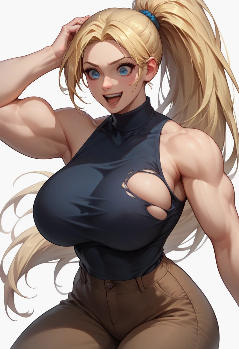 girl muscles huge breasts pale skin black long hair yellow eyes sad blushing solo frown